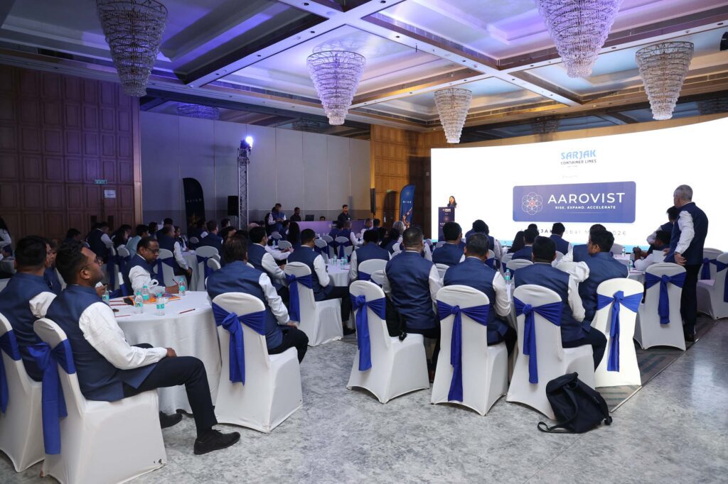 Sarjak Containers Global Meet stage with curved LED wall at The Club Andheri Mumbai by MRG Evennts