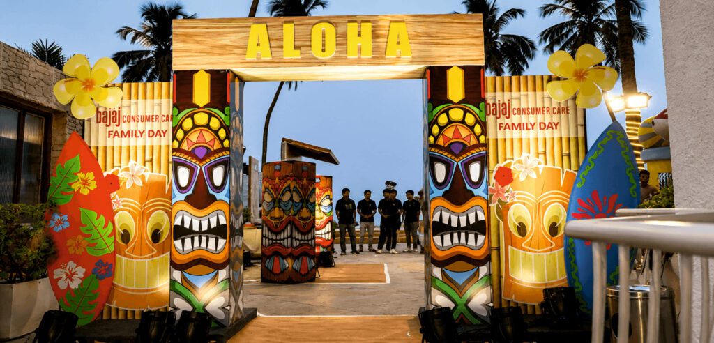 Hawaiian themed Annual Day decor for Bajaj Consumer Care at Sun n Sand Juhu