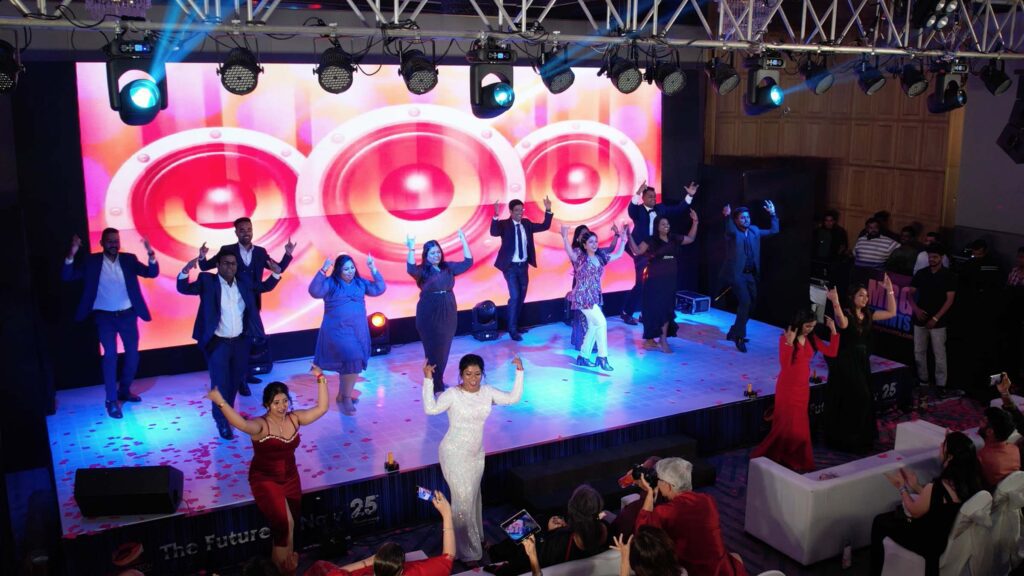 Adweb Technologies 25th Anniversary celebration stage with LED goalpost truss at The Club Mumbai by MRG Evennts
